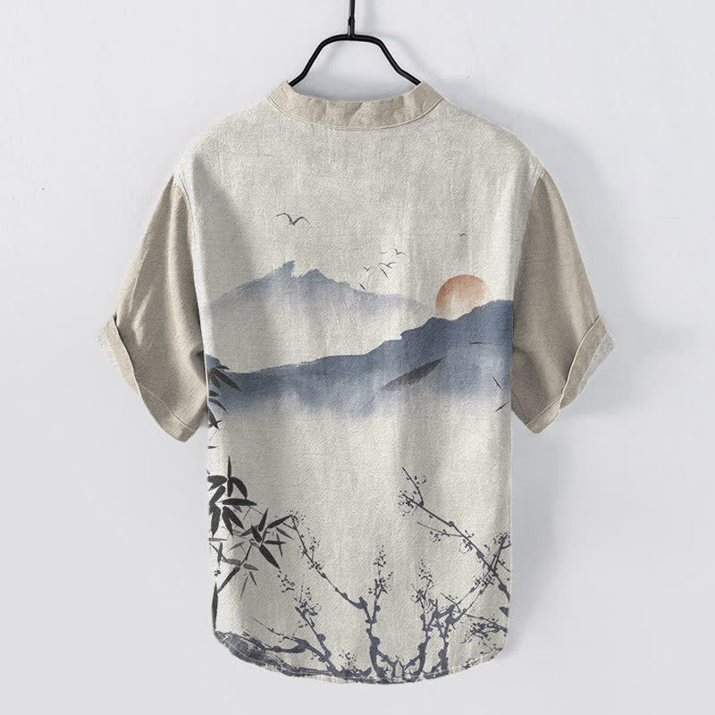 Buddha Stones Katoenen herenoverhemd met berg- en zonprint en Korte mouw en halve knoopsluiting. - image 1