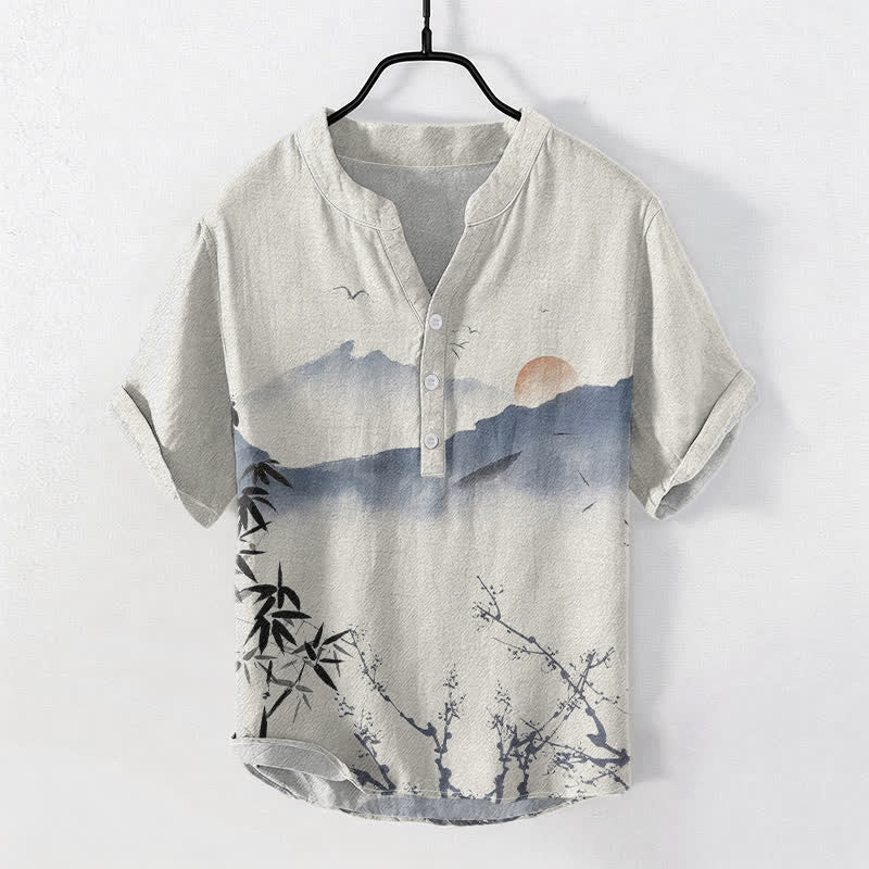 Buddha Stones Katoenen herenoverhemd met berg- en zonprint en Korte mouw en halve knoopsluiting. - Beige - US/UK/AU50, EU60 (5XL) - image 0