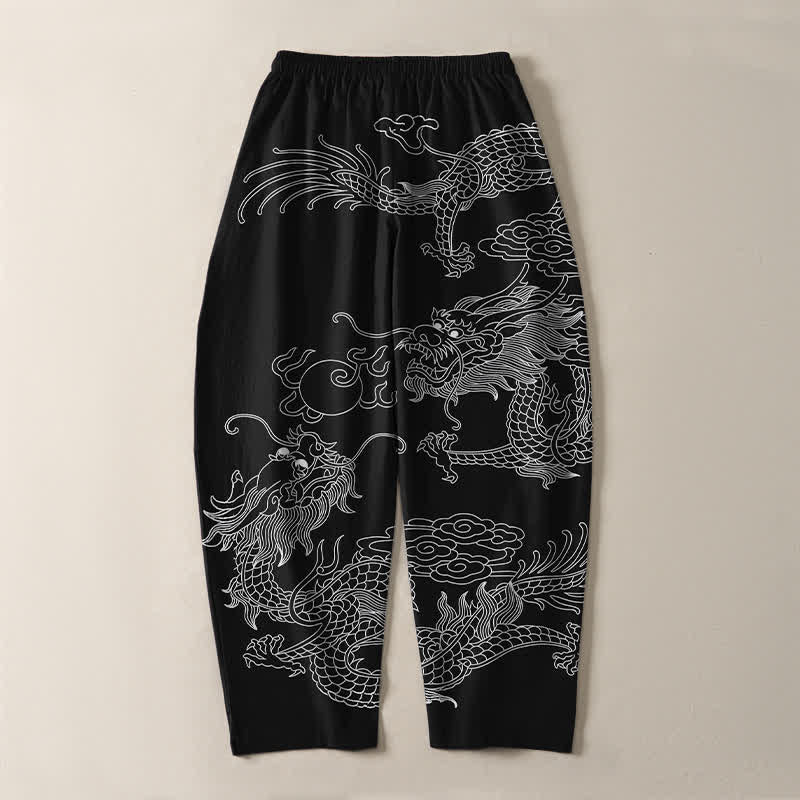 Buddha Stones Getailleerde herenbroek van 100% Cotton met Zakken , met patroon van een keizerlijke draak. - image 3