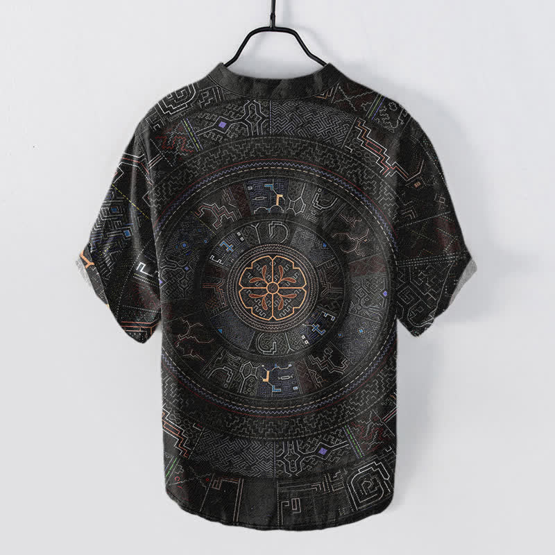 Buddha Stones Katoenen herenoverhemd met tribale mandala-print , Korte mouw en halve knoopsluiting. - image 1