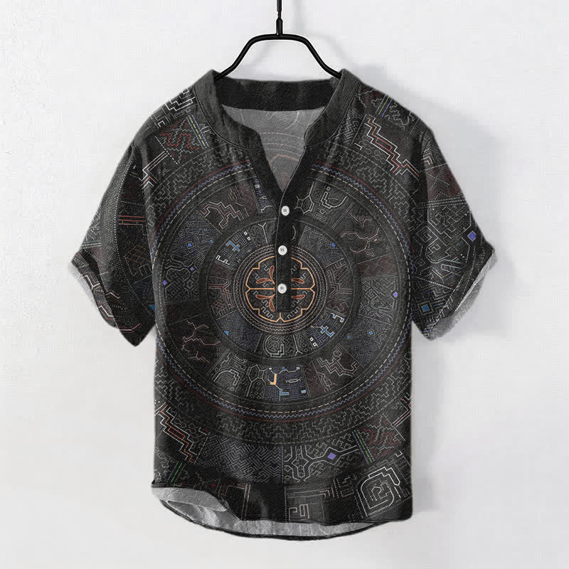 Buddha Stones Katoenen herenoverhemd met tribale mandala-print , Korte mouw en halve knoopsluiting. - Zwart - US/UK/AU50, EU60 (5XL) - image 0