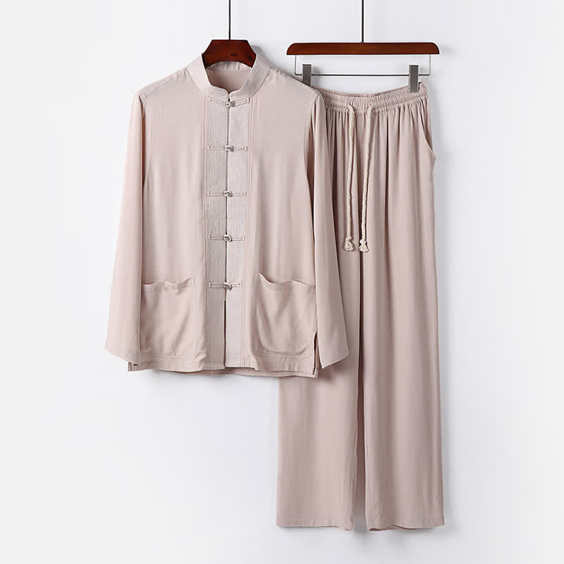 Buddha Stones 2-delige set bestaande uit een overhemd met Lange mouw, een effen broek en een meditatiepak in Mandarin kraag met kikkerknopen, geschikt voor heren, met Zakken. - Beige - US/UK/AU48, EU58 (6XL) - image 0