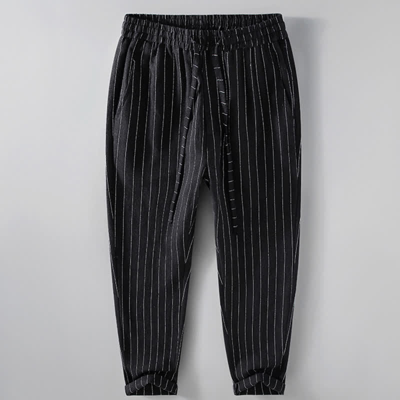 Buddha Stones Casual Cropped broek met trekkoord en strepen voor heren, taps toelopend model met Zakken , geschikt voor de lente/zomer. - Zwart - US/UK/AU42, EU52 (3XL) - image 1