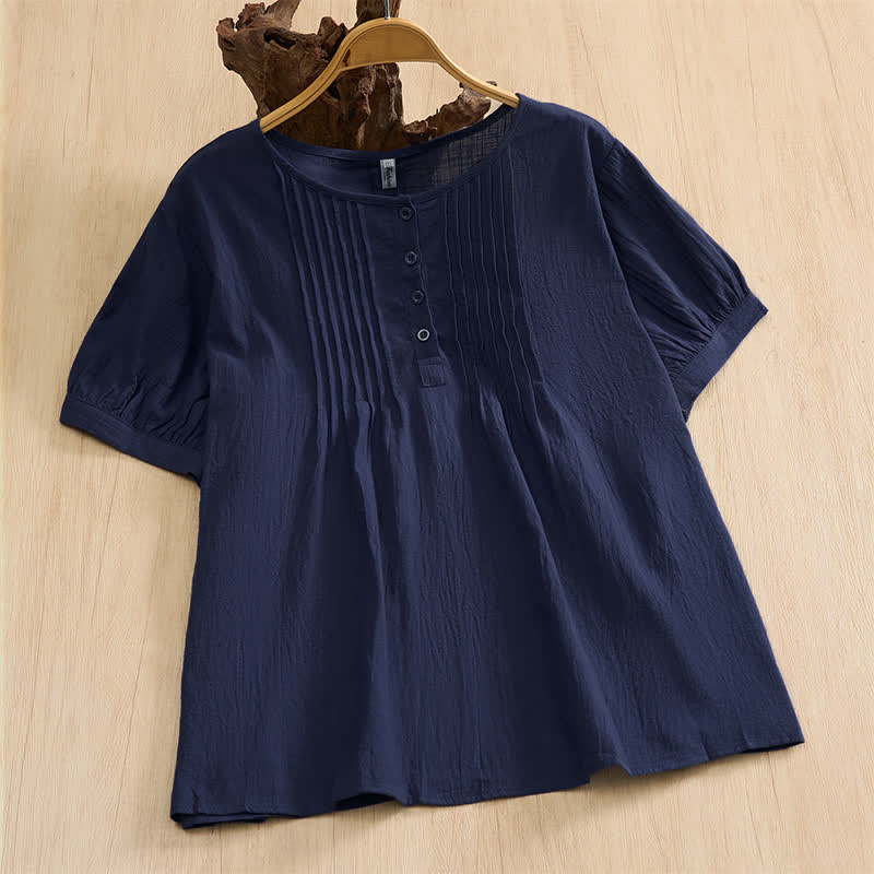 Buddha Stones Zomerse casual minimalistische Overhemden met knoopsluiting en Korte mouw van effen katoen voor dames. - Middernachtblauw - US16, UK/AU20, EU48 (5XL) - image 0