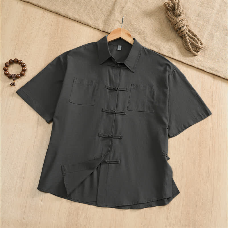 Buddha Stones Zomerse casual Overhemden met Korte mouw , in Tang-stijl met Zakken . - Donkergrijs - US/UK/AU46, EU56 (5XL) - image 0