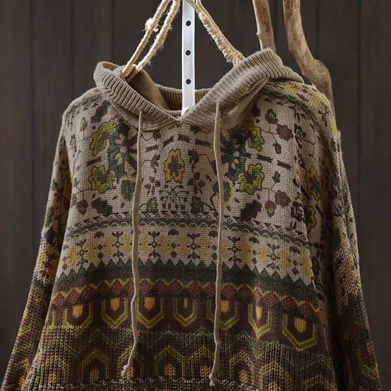 Buddha Stones Trui met Lange mouw, gebreide hoodie en strepen in geometrische vormen voor dames, met herfstprint. - image 1