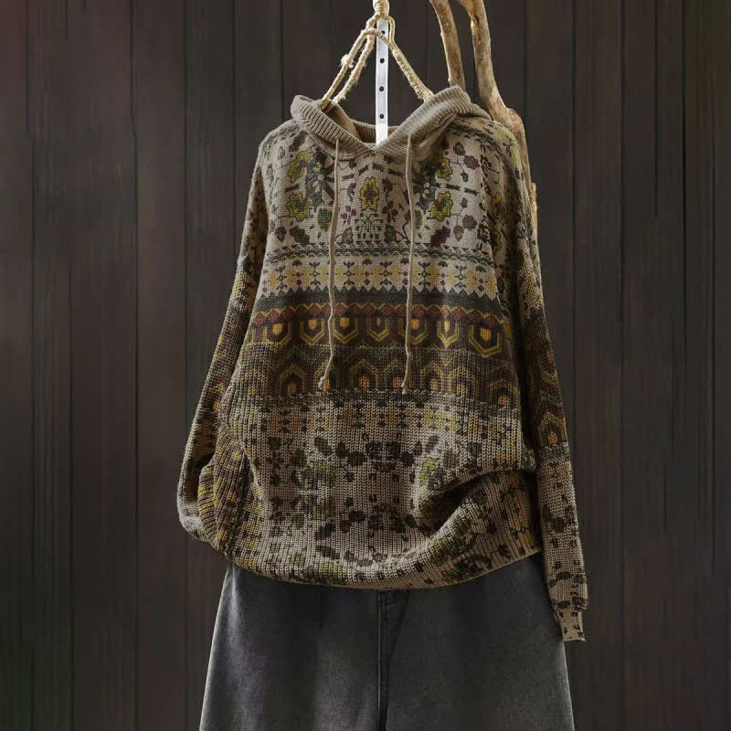 Buddha Stones Trui met Lange mouw, gebreide hoodie en strepen in geometrische vormen voor dames, met herfstprint. - Beige - US4-6, UK/AU8-10, EU36-38 (F) - image 0