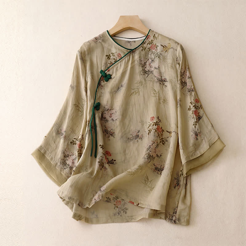 Buddha Stones Vintage Overhemden met Lange mouw in Tang-stijl met kikkerknopen en bloemenprint voor de lente/zomer - Bruinen - US8-10, UK/AU12-14, EU40-42 (2XL) - image 0