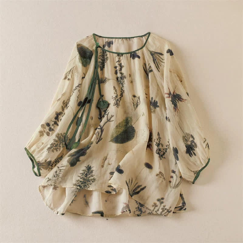 Buddha Stones Lente/Zomer Boho Overhemden met Trekkoord en Bloemenprint en Lange mouw - Geblancheerde amandel - US12, UK/AU16, EU44 (2XL) - image 0