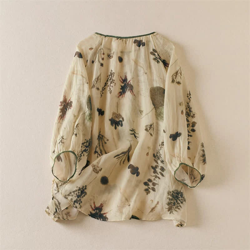 Buddha Stones Lente/Zomer Boho Overhemden met Trekkoord en Bloemenprint en Lange mouw - image 1