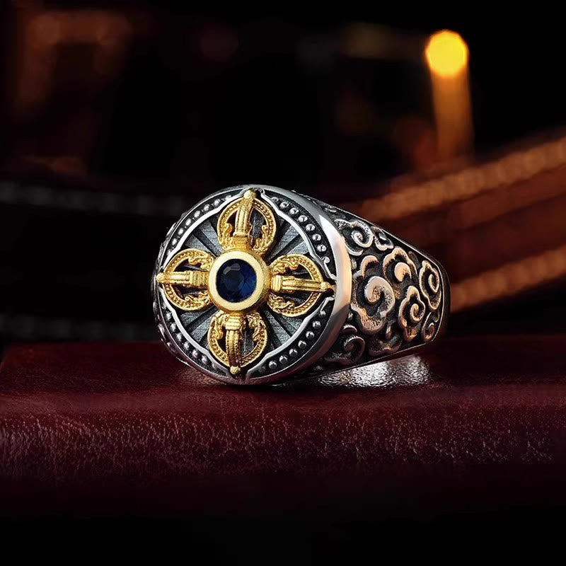 Buddha Stones Verstelbare Ring van koper met Tibetaans kruisontwerp, Vajra-motief en gelukbrengende wolken. - Koper - Verstelbaar - image 0
