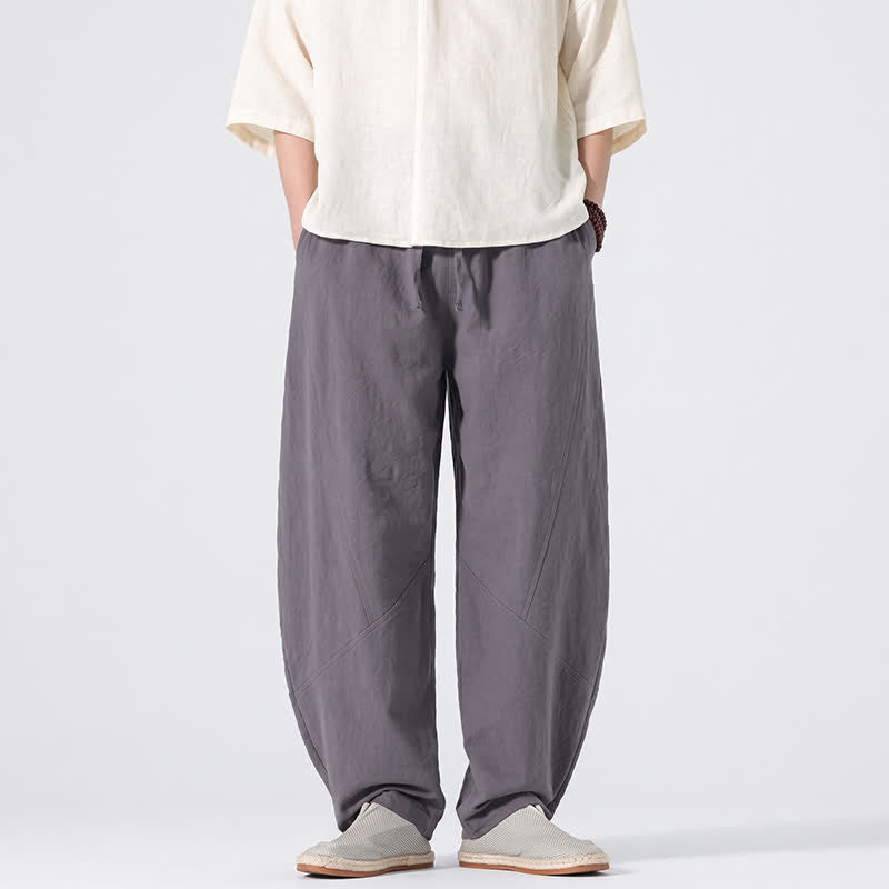 Buddha Stones Lente/Zomer Casual Minimalistische Lang Broek met Trekkoord en Zakken, Effen Linnen, Rechte Pijpen, Zakken - Leigrijs - US/UK/AU46, EU56 (5XL) - image 0
