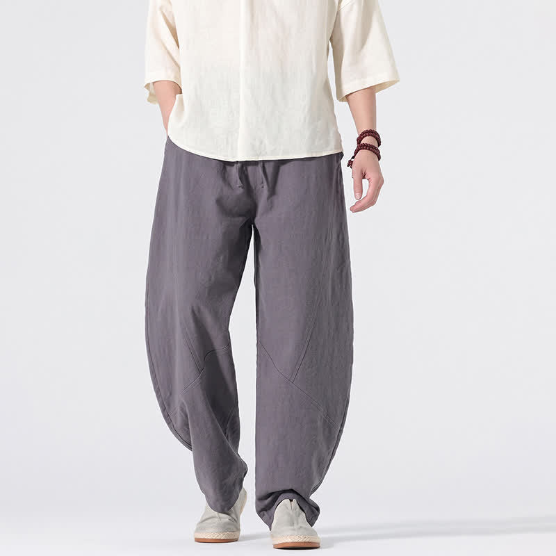 Buddha Stones Lente/Zomer Casual Minimalistische Lang Broek met Trekkoord en Zakken, Effen Linnen, Rechte Pijpen, Zakken - image 1