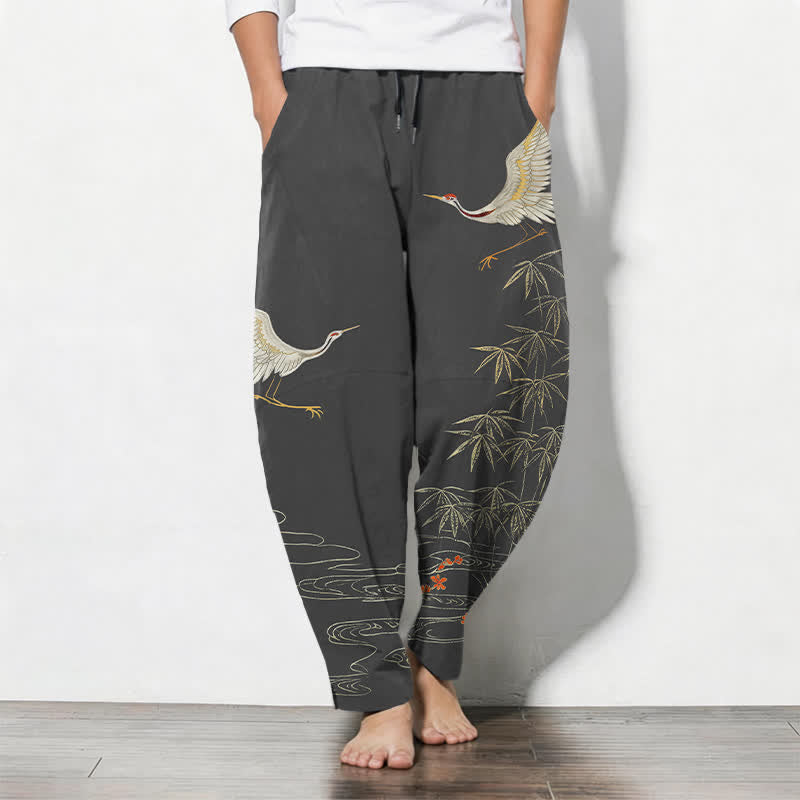 Buddha Stones Getailleerde herenbroek van 100% Cotton met trekkoord, kraanvogel- en bamboegolfpatroon en Zakken. - Donkergrijs - US/UK/AU50, EU60 (5XL) - image 0