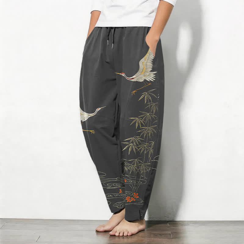 Buddha Stones Getailleerde herenbroek van 100% Cotton met trekkoord, kraanvogel- en bamboegolfpatroon en Zakken. - image 1