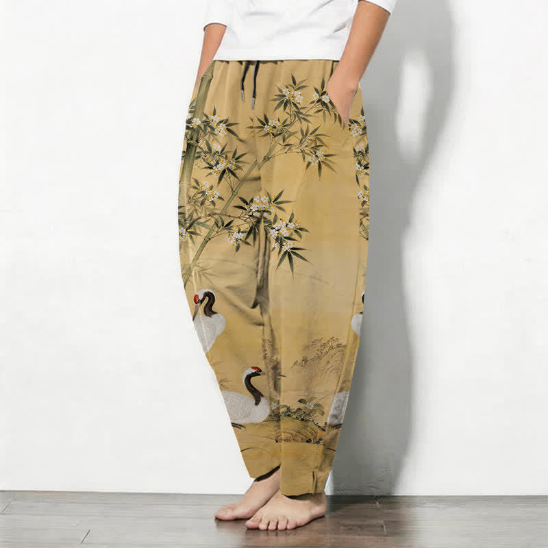 Buddha Stones Getailleerde herenbroek van 100% Cotton met Zakken , met kraanvogel- en bamboepatroon. - image 1