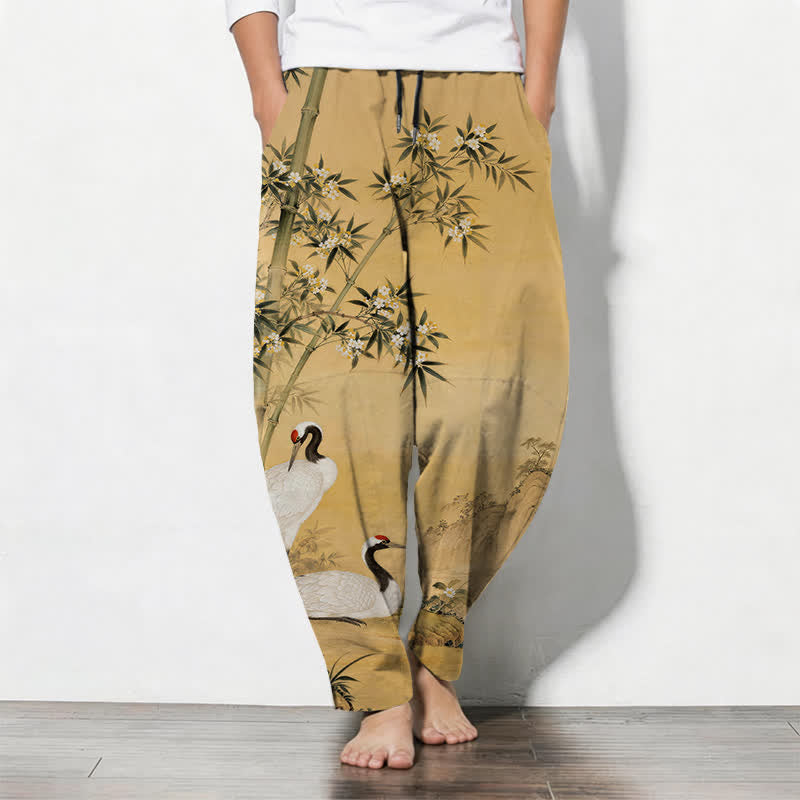 Buddha Stones Getailleerde herenbroek van 100% Cotton met Zakken , met kraanvogel- en bamboepatroon. - Guldenroede - US/UK/AU50, EU60 (5XL) - image 0