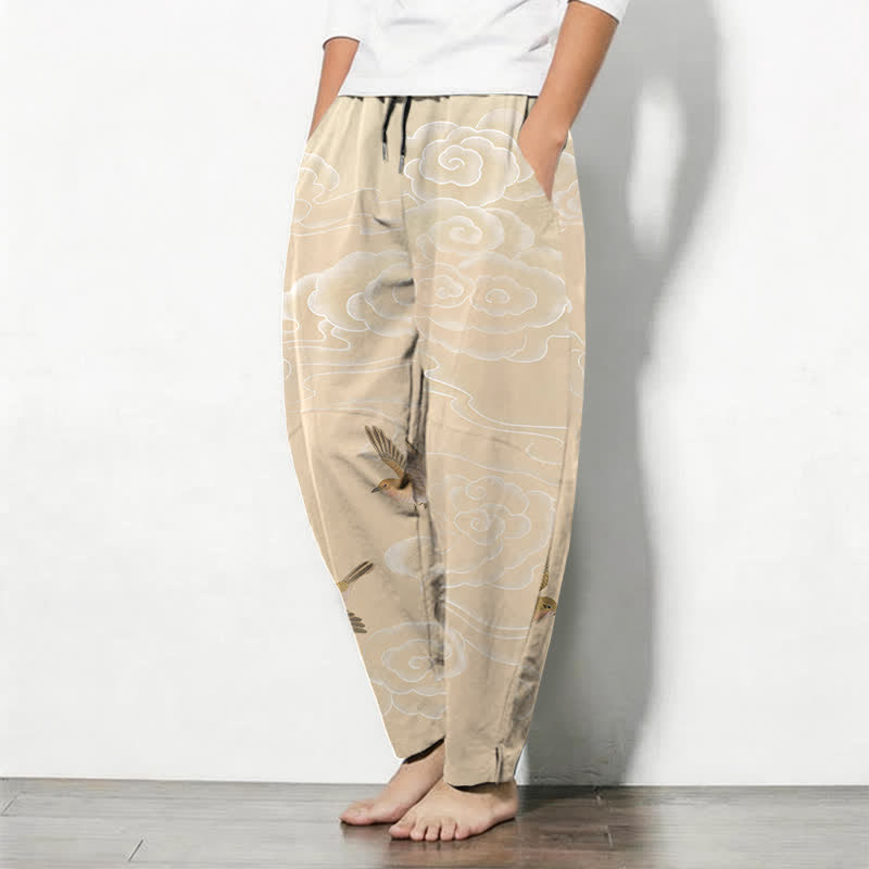 Buddha Stones Herenbroek van 100% Cotton met trekkoord en Zakken , met een gelukbrengend wolken- en vogelpatroon. - image 1