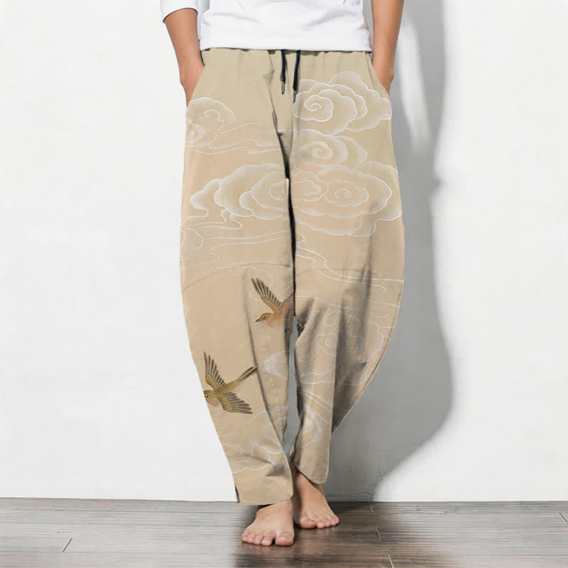 Buddha Stones Herenbroek van 100% Cotton met trekkoord en Zakken , met een gelukbrengend wolken- en vogelpatroon. - Beige - US/UK/AU50, EU60 (5XL) - image 0
