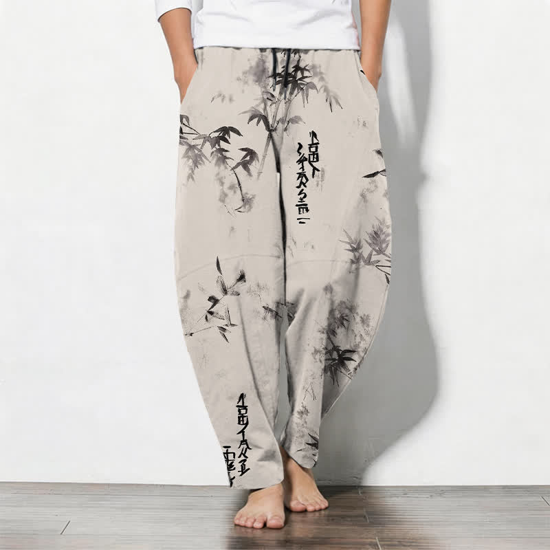 Buddha Stones Taps toelopende herenbroek met trekkoord en Zakken , gemaakt van 100% Cotton met een bamboe kalligrafiepatroon. - Ivoor - US/UK/AU50, EU60 (5XL) - image 0
