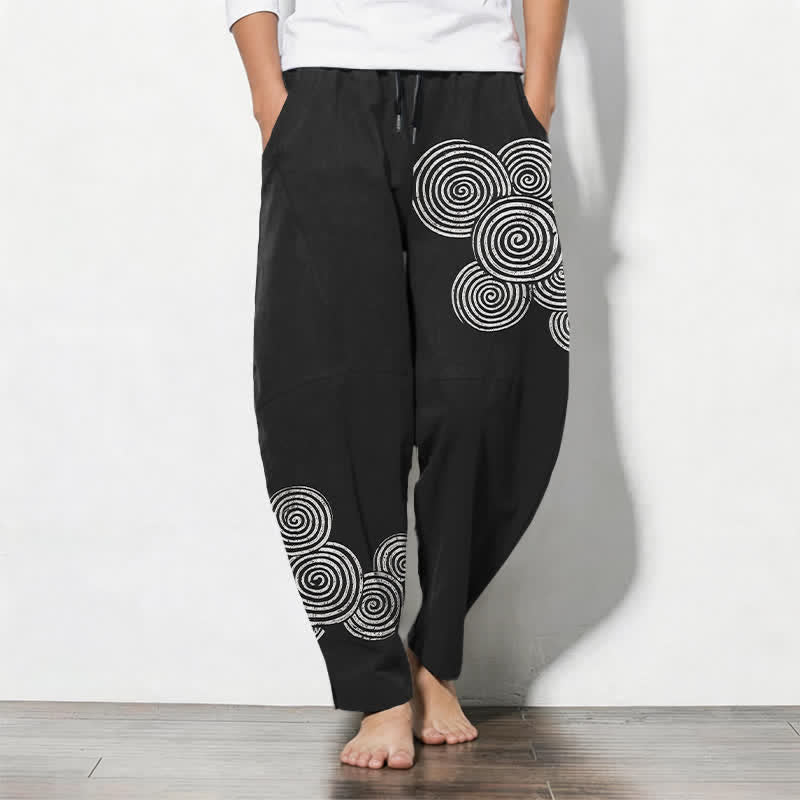 Buddha Stones Taps toelopende herenbroek van 100% Cotton met concentrisch spiraalpatroon, trekkoord en Zakken. - Zwart - US/UK/AU50, EU60 (5XL) - image 0