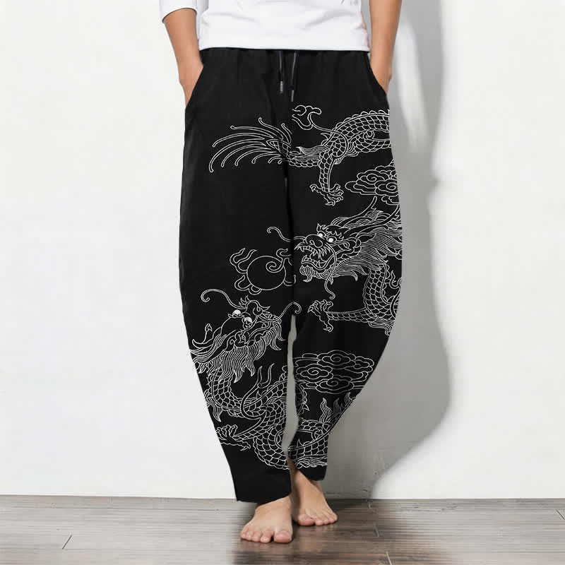Buddha Stones Getailleerde herenbroek van 100% Cotton met Zakken , met patroon van een keizerlijke draak. - Zwart - US/UK/AU50, EU60 (5XL) - image 0