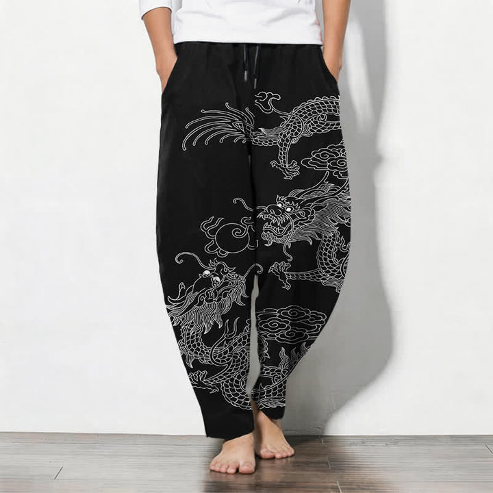 Buddha Stones Getailleerde herenbroek van 100% Cotton met Zakken , met patroon van een keizerlijke draak. - Zwart - US/UK/AU50, EU60 (5XL) - image 0
