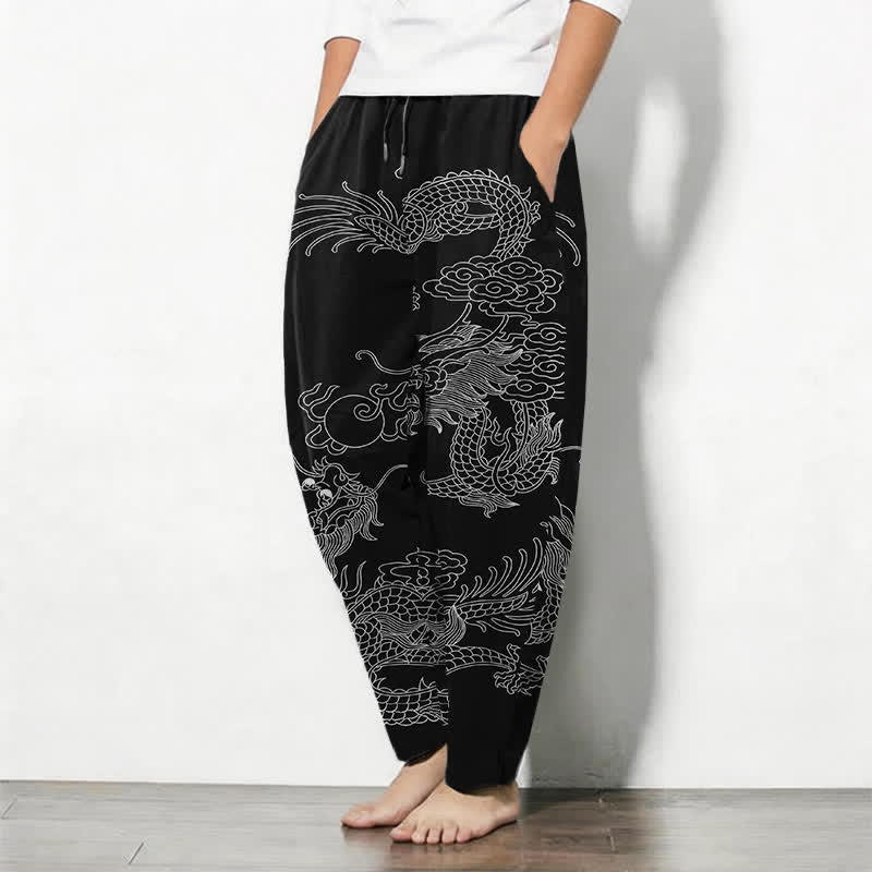 Buddha Stones Getailleerde herenbroek van 100% Cotton met Zakken , met patroon van een keizerlijke draak. - image 1