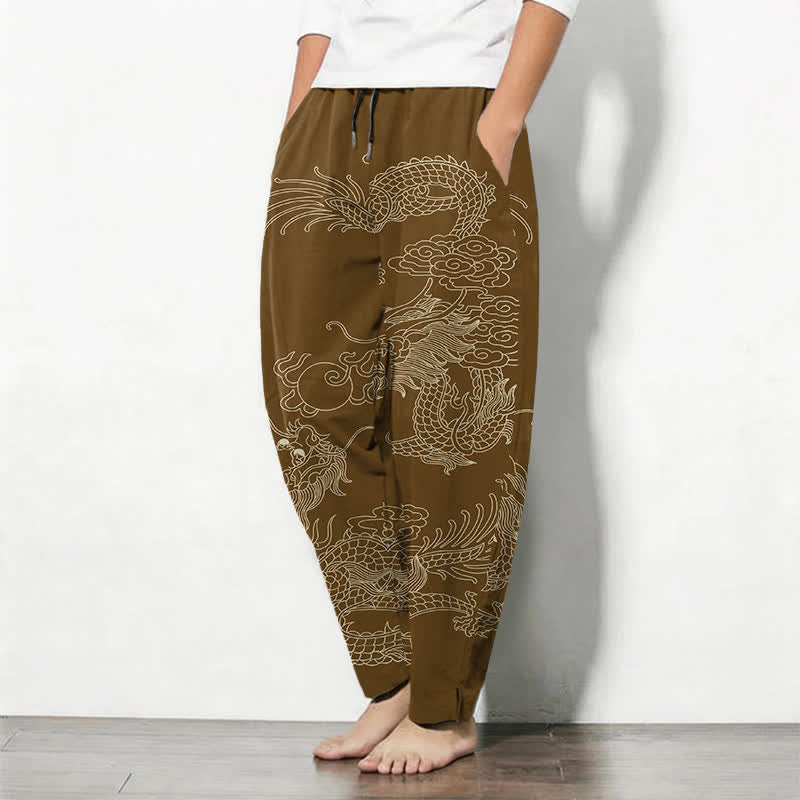 Buddha Stones Getailleerde herenbroek van 100% Cotton met Zakken , met patroon van een keizerlijke draak. - image 12