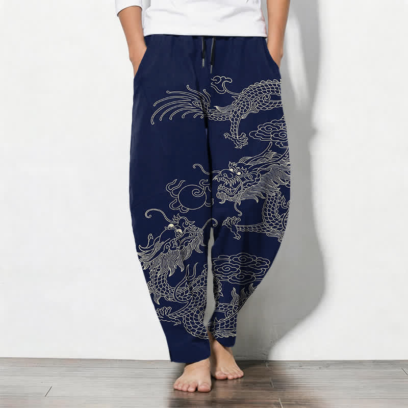 Buddha Stones Getailleerde herenbroek van 100% Cotton met Zakken , met patroon van een keizerlijke draak. - Marine - US/UK/AU50, EU60 (5XL) - image 7