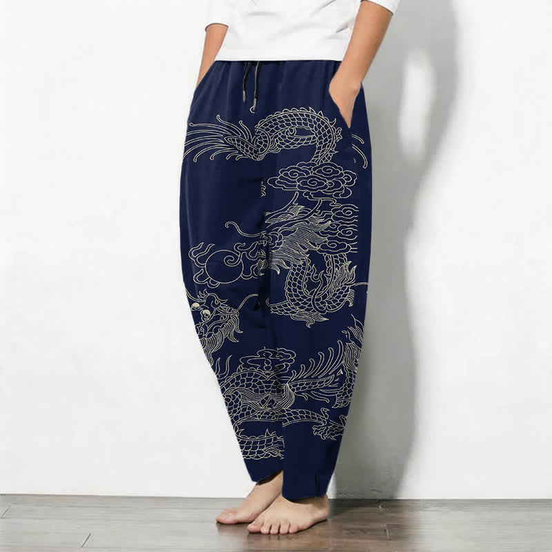Buddha Stones Getailleerde herenbroek van 100% Cotton met Zakken , met patroon van een keizerlijke draak. - image 8