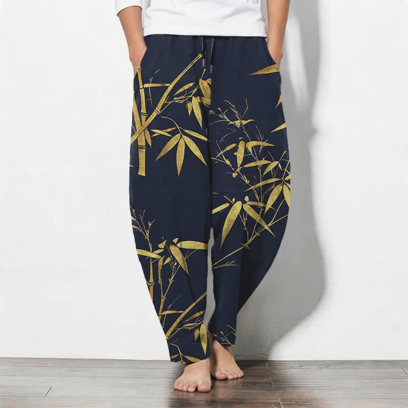 Buddha Stones Herenbroek van 100% Cotton met gouden bamboeprint, taps toelopend model, trekkoord en Zakken. - Marine - US/UK/AU50, EU60 (5XL) - image 0