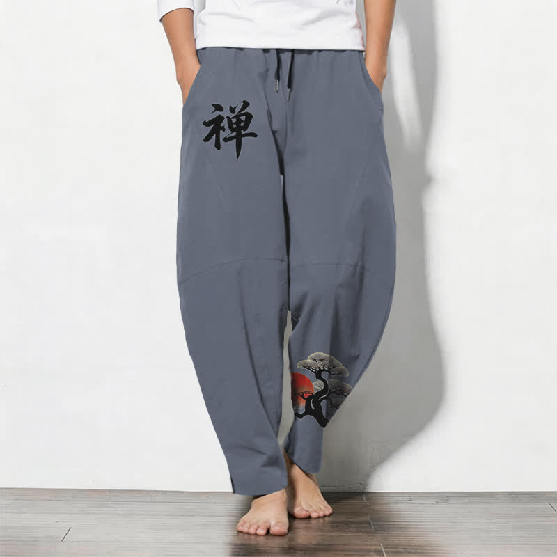 Buddha Stones Herenbroek van 100% Cotton met Zen Bonsai Sunset-patroon, trekkoord en Zakken. - Leigrijs - US/UK/AU50, EU60 (5XL) - image 0