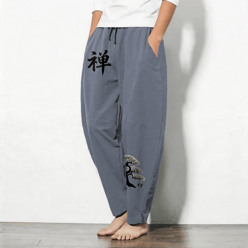 Buddha Stones Herenbroek van 100% Cotton met Zen Bonsai Sunset-patroon, trekkoord en Zakken. - image 1