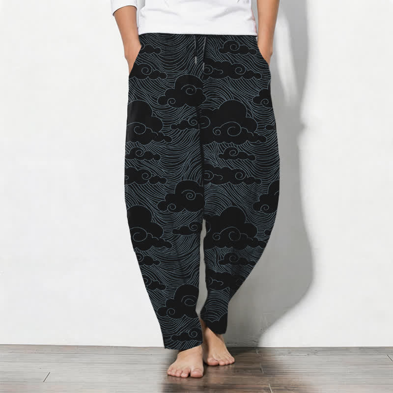 Buddha Stones Herenbroek van 100% Cotton met Japans wolken- en golfpatroon, trekkoord en taps toelopende pijpen, inclusief Zakken. - Zwart - US/UK/AU50, EU60 (5XL) - image 0