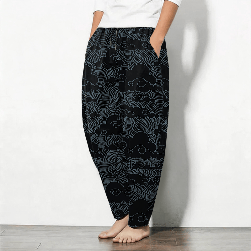 Buddha Stones Herenbroek van 100% Cotton met Japans wolken- en golfpatroon, trekkoord en taps toelopende pijpen, inclusief Zakken. - image 1