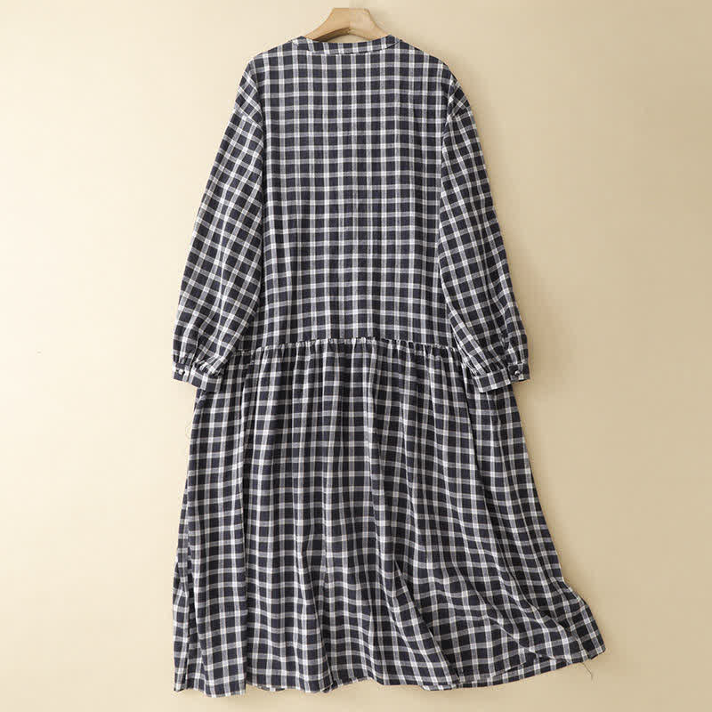 Buddha Stones Lente casual vintage jurk met knoopsluiting, zwart-wit geruit, Lange mouw en zakken voor dames - image 1