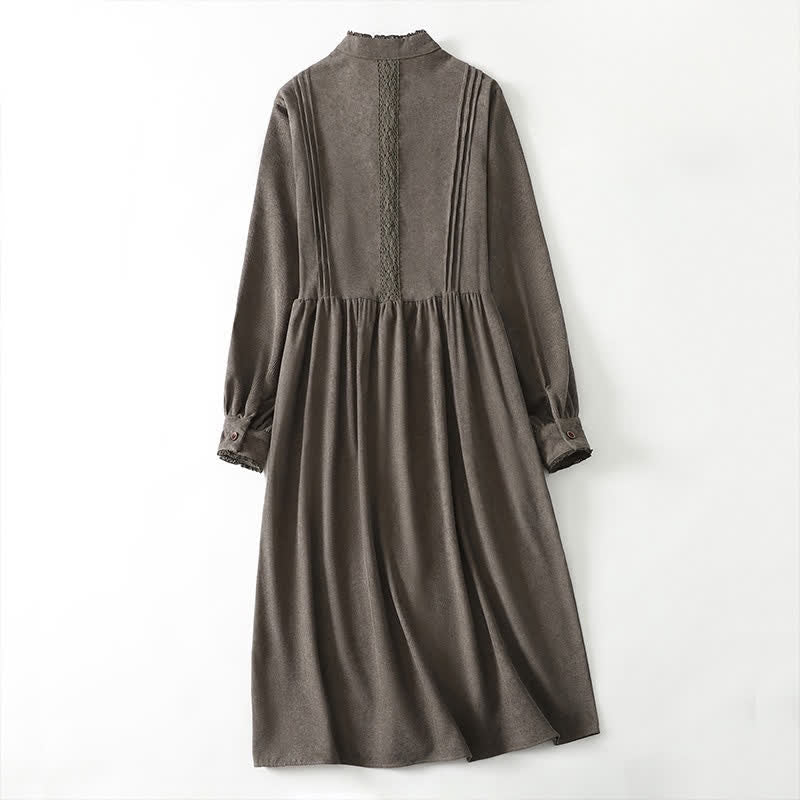 Buddha Stones Lente/Herfst Tang Stijl Vintage Jurk met Knoopsluiting, Geplooide Afwerking, Effen Damesjurk met Lange mouw Mouwen en Zak - image 1