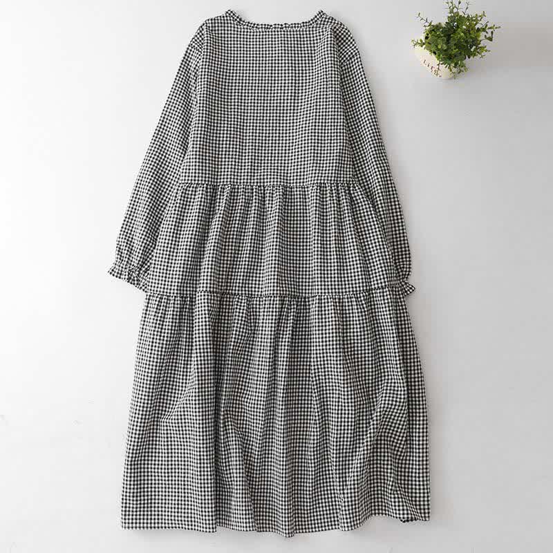 Buddha Stones Casual vintage jurk met Lange mouw en ruitpatroon voor dames, lente/herfst, gelaagd en met zakken. - image 1