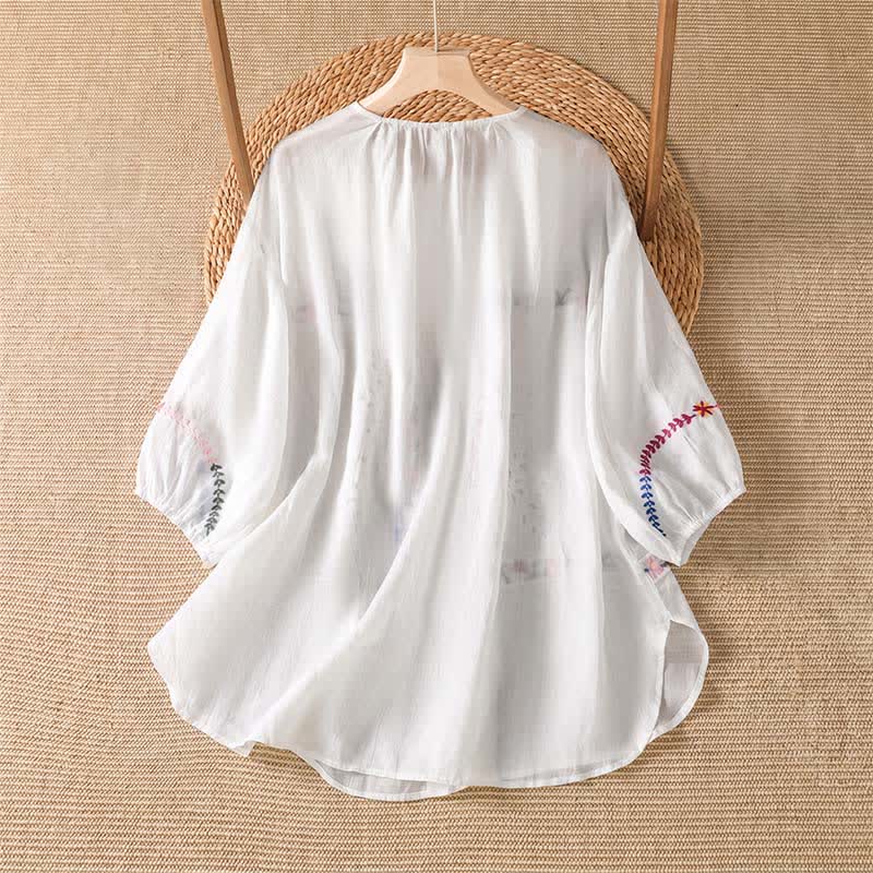 Buddha Stones Lente/Zomer Boho Geborduurde Bloemen Dames T-Overhemden met Korte mouw Mouwen - image 1