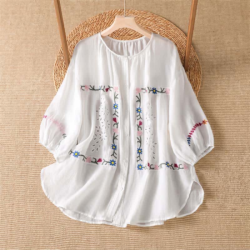 Buddha Stones Lente/Zomer Boho Geborduurde Bloemen Dames T-Overhemden met Korte mouw Mouwen - Wit - US12, UK/AU16, EU44 (2XL) - image 0