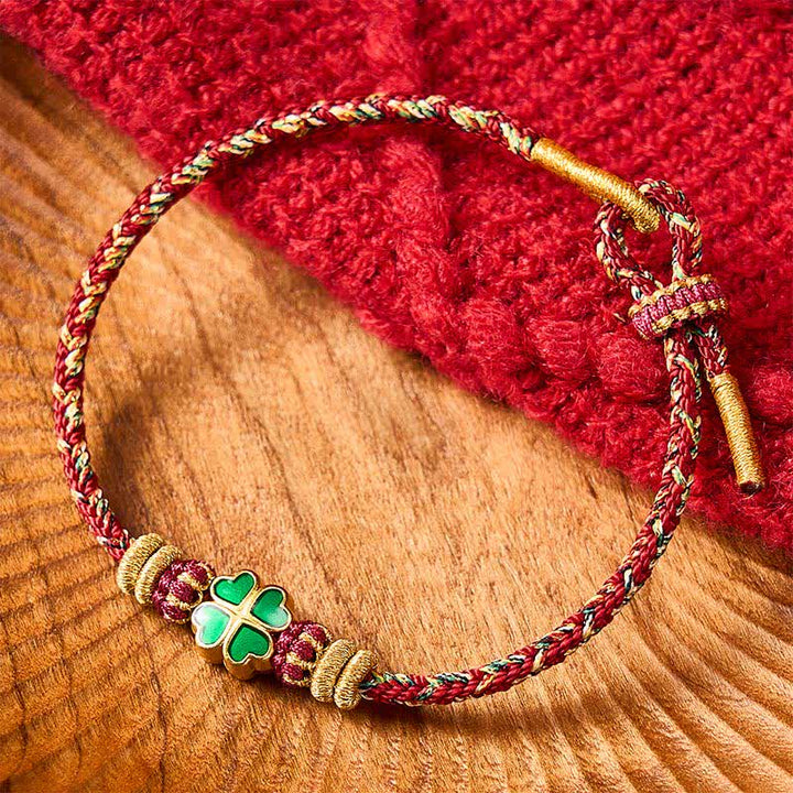 Buddha Stones Handgeweven touwarmband in hartvorm met Armband klavertje vier - Rood (Polsomtrek: 15-19 cm) - image 10