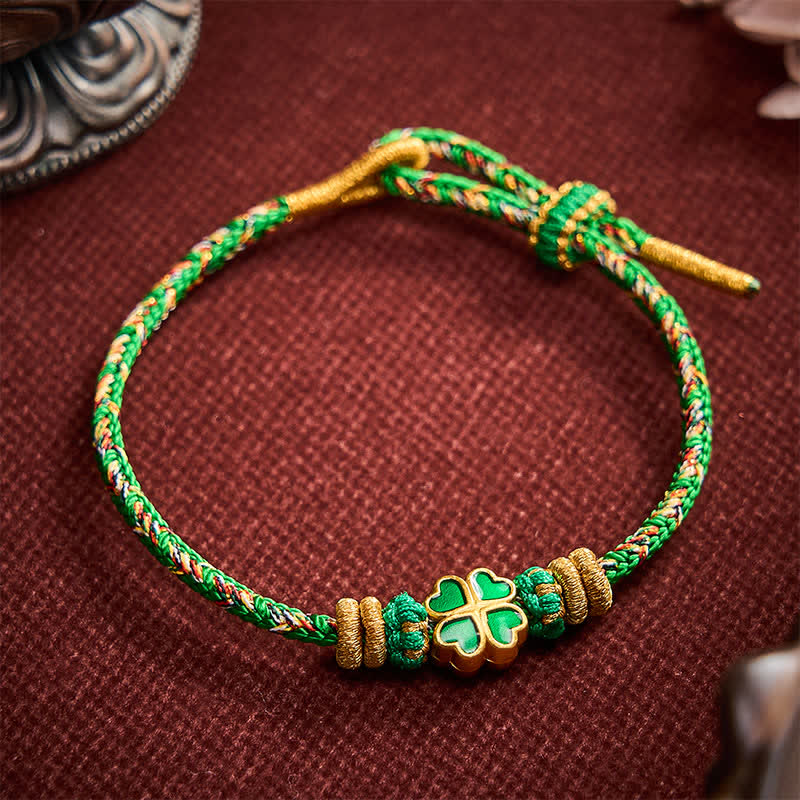 Buddha Stones Handgeweven touwarmband in hartvorm met Armband klavertje vier - Groen (Polsomtrek: 15-19 cm) - image 0