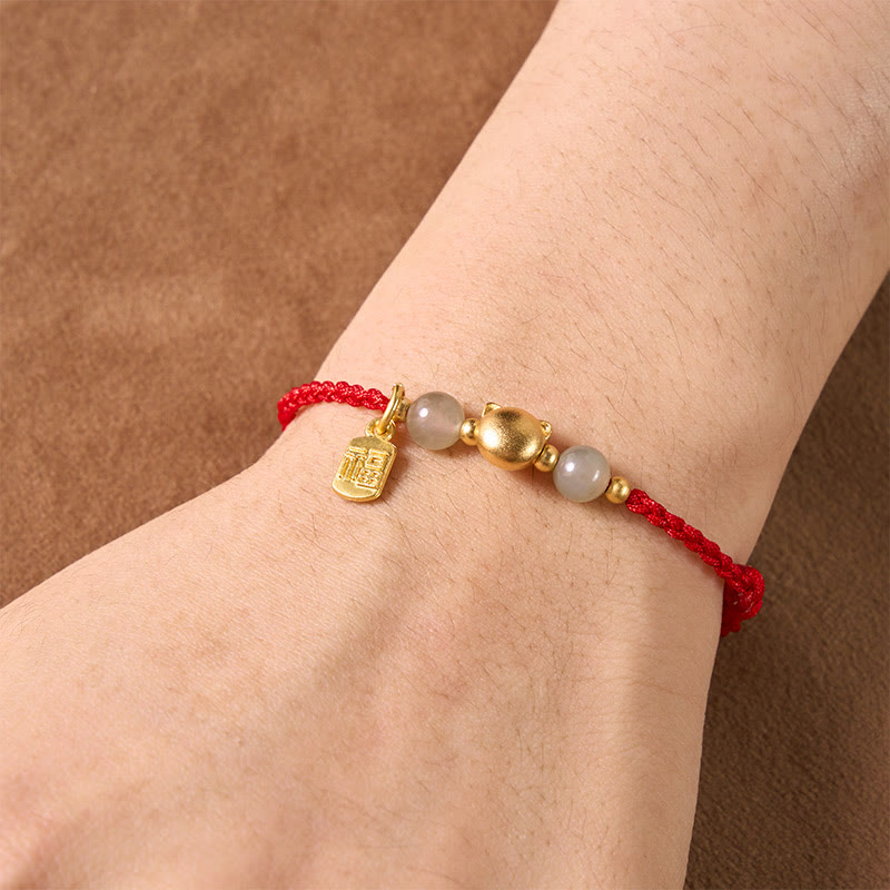 Buddha Stones Hetian Jade Fu Karakter Koperen Kat Rode Koord Armband - image 4