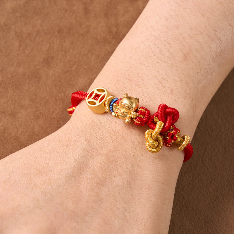 Buddha Stones Gouden gelukskat Armband met rood koord ter bescherming. - image 5
