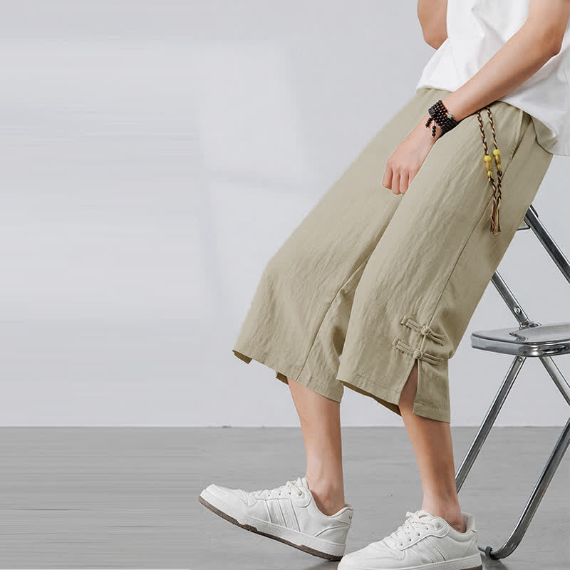 Buddha Stones Zomerse casual boho broek met trekkoord, effen kleur, korte broek voor heren, rechte pijpen met zakken - Beige - US/UK/AU46, EU56 (5XL) - image 0