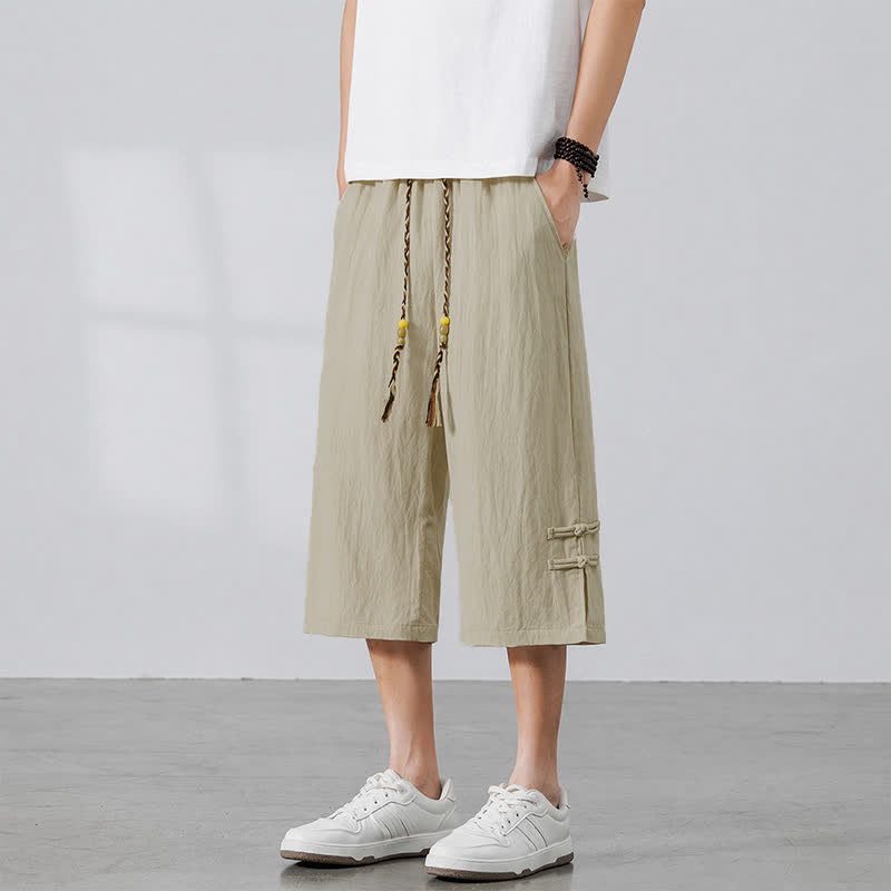 Buddha Stones Zomerse casual boho broek met trekkoord, effen kleur, korte broek voor heren, rechte pijpen met zakken - image 1