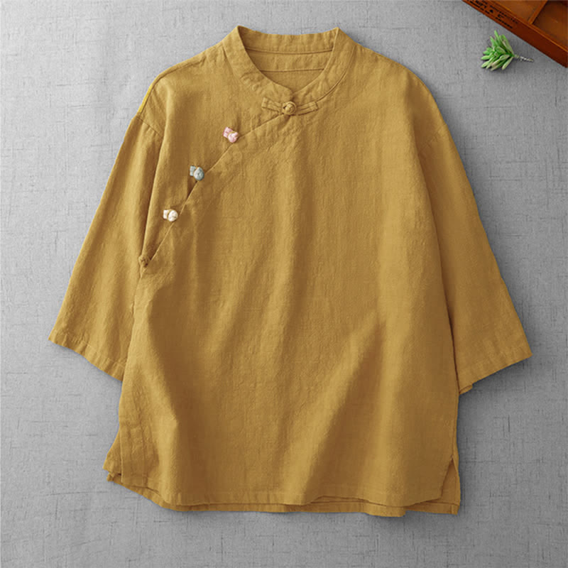 Buddha Stones Zomerse Tang Style Vintage Overhemden met Mandarin kraag en Kikkerknopen, effen kleur, voor dames met Mouw tot de elleboog. - Guldenroede - US8-10, UK/AU12-14, EU40-42 (2XL) - image 0