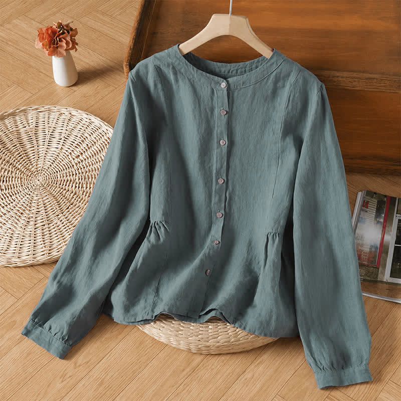 Buddha Stones Casual minimalistische Overhemden met ronde hals en Lange mouw voor de lente en herfst. - Teal - US8-10, UK/AU12-14, EU40-42 (2XL) - image 0