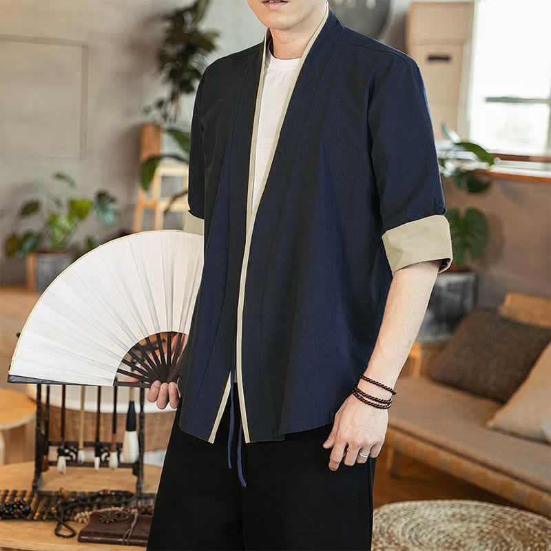 Buddha Stones Zomerse Tang-stijl minimalistische kimono met V-hals en trekkoord, effen kleur, voor Driekwart mouw. - image 1
